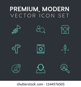 Modern, simple vector icon set on dark grey background with washer, bugle, online, account, building, appliance, musical, internet, web, computer, sign, search, instrument, construction, laundry icons