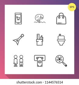 Modern, simple vector icon set on gradient background with phone, magnifying, sale, restroom, buy, fashion, music, app, girl, machine, finance, find, technology, fishing, seafood, hand, happy icons