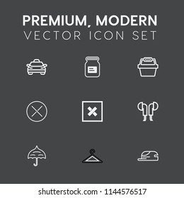Modern, simple vector icon set on dark grey background with clothes, traffic, protection, no, basket, tin, taxi, button, hat, can, close, fashion, container, store, umbrella, shop, hanger, white icons
