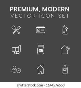 Modern, simple vector icon set on dark grey background with remote, architecture, game, oar, tin, canoe, identification, web, summer, success, home, metal, container, estate, sea, id, chessboard icons