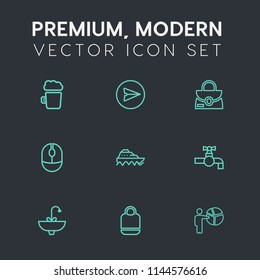 Modern, simple vector icon set on dark grey background with leather, sea, mug, meeting, boat, optical, computer, drink, message, fashion, communication, water, glass, smartphone, businessman icons