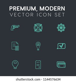 Modern, simple vector icon set on dark grey background with customer, metal, targeting, revolver, helm, pistol, nautical, wheel, sign, sea, boat, plastic, financial, travel, army, military, war icons