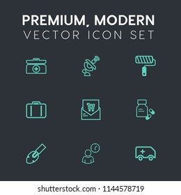 Modern, simple vector icon set on dark grey background with ambulance, bill, emergency, business, bag, receipt, brush, satellite, space, dish, earth, baggage, wireless, list, help, roller, kit icons