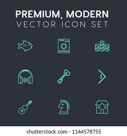 Modern, simple vector icon set on dark grey background with button, arrow, key, game, machine, animal, sea, washer, food, concert, chessboard, security, construction, sign, seafood, clean, white icons