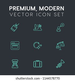 Modern, simple vector icon set on dark grey background with sale, price, machine, baggage, night, craft, time, sand, scale, luggage, timer, sew, internet, weight, jazz, airport, online, oven icons