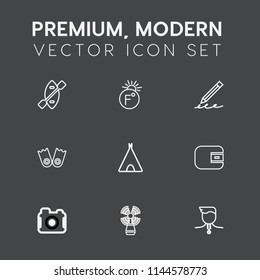 Modern, simple vector icon set on dark grey background with rowing, adventure, pencil, winner, money, tent, outdoor, underwater, measurement, technology, beacon, education, sport, sea, medal icons