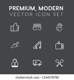Modern, simple vector icon set on dark grey background with boat, equipment, unlock, find, canoe, temperature, television, fish, video, shovel, scale, protection, bed, medical, search, open, car icons