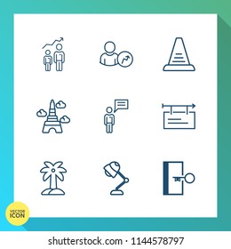 Modern, simple vector icon set on gradient background with communication, lamp, person, management, tropical, up, account, escape, ladder, poster, leaf, palm, billboard, sign, exit, man, summer icons