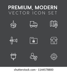 Modern, simple vector icon set on dark grey background with white, map, technology, online, war, power, unpacking, lock, safety, cardboard, aircraft, box, airplane, package, roller, leisure, fun icons
