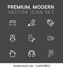 Modern, simple vector icon set on dark grey background with sound, business, label, dollar, cash, medical, telephone, sale, retail, modern, discount, investment, headset, bedroom, doctor, action icons