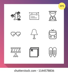 Modern, simple vector icon set on gradient background with air, light, hour, interior, sun, flight, airplane, white, advertisement, plane, billboard, time, clock, style, board, electricity, file icons