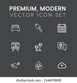 Modern, simple vector icon set on dark grey background with furniture, palm, calendar, ship, interior, infographic, bedroom, shuttle, house, timetable, schedule, spaceship, nature, science, tree icons