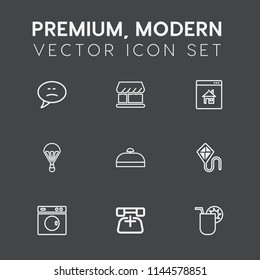 Modern, simple vector icon set on dark grey background with sky, shop, laundry, phone, telephone, call, parachute, travel, modern, fun, parachuting, extreme, front, clean, cocktail, luggage, joy icons