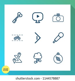 Modern, simple vector icon set on gradient background with film, digital, road, media, unlock, music, web, east, map, house, play, door, south, mic, bike, lens, compass, communication, camera icons