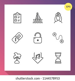 Modern, simple vector icon set on gradient background with yacht, travel, ocean, sign, download, time, internet, test, mark, hourglass, destination, clock, map, sea, sound, sand, check, care icons