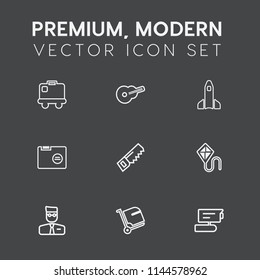 Modern, simple vector icon set on dark grey background with office, user, terminal, airport, technology, blank, launch, baggage, fun, suitcase, folder, guitar, travel, tourism, exploration, tv icons