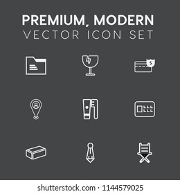 Modern, simple vector icon set on dark grey background with open, health, seat, object, shattered, office, care, folder, blank, material, construction, suit, business, pattern, brush, fashion icons