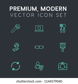 Modern, simple vector icon set on dark grey background with spoon, wrench, camera, maintenance, online, internet, tool, user, fork, sunglasses, spanner, shipping, sun, film, dinner, service, web icons