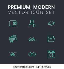 Modern, simple vector icon set on dark grey background with payment, sun, camera, transportation, orbit, planet, machine, fitness, bicycle, folder, workout, cycle, lens, space, wallet, computer icons