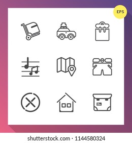 Modern, simple vector icon set on gradient background with melody, house, professional, journey, bag, building, luggage, wear, passport, shorts, stop, sound, road, pin, tourism, people, suitcase icons