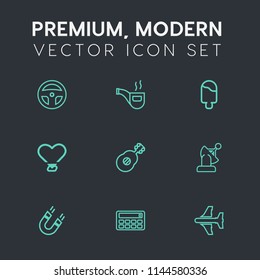 Modern, simple vector icon set on dark grey background with button, airplane, heart, pipe, aircraft, white, tool, antique, earth, retro, object, flight, pole, magnetic, classic, medical, science icons