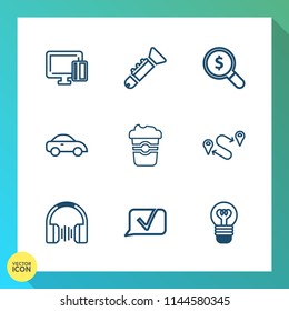 Modern, simple vector icon set on gradient background with chat, transport, bulb, web, transportation, credit, shopping, audio, search, banking, taxi, bugle, drink, buy, electric, vehicle, sound icons