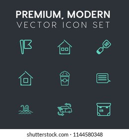 Modern, simple vector icon set on dark grey background with cup, modern, drink, swimming, country, person, flag, professional, phone, shop, pool, home, delivery, fast, people, tool, construction icons