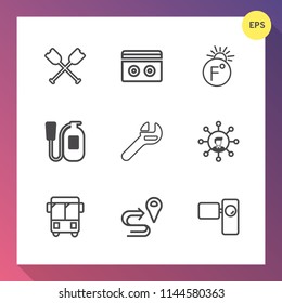 Modern, simple vector icon set on gradient background with technology, thermometer, location, route, display, tripod, spanner, music, navigation, cassette, fire, river, temperature, scale, audio icons
