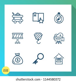 Modern, simple vector icon set on gradient background with instrument, open, security, movie, musical, business, east, education, door, tray, camera, sign, direction, white, food, click, drum icons