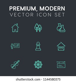 Modern, simple vector icon set on dark grey background with plant, property, laboratory, technology, rudder, nautical, wheel, cello, sign, architecture, music, estate, pine, trunk, building icons