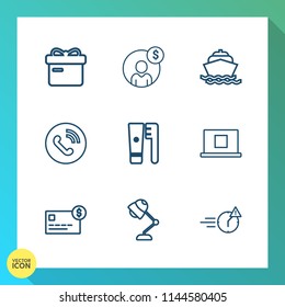Modern, simple vector icon set on gradient background with finance, holiday, boat, health, ocean, box, phone, sign, present, profile, circle, credit, water, clean, call, decoration, electricity icons