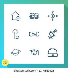 Modern, simple vector icon set on gradient background with hat, gym, training, business, metal, dollar, glove, space, money, price, lock, sale, planet, university, technology, investment, cap icons