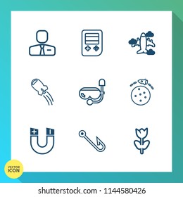 Modern, simple vector icon set on gradient background with field, magnetic, fish, people, background, office, air, job, employee, water, web, travel, recruitment, rocket, plane, mask, flight icons