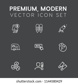Modern, simple vector icon set on dark grey background with dark, interior, telescope, light, astronomy, vehicle, electricity, plan, business, watch, thermometer, modern, vision, space, science icons