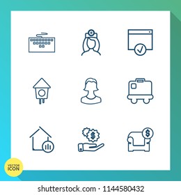 Modern, simple vector icon set on gradient background with pc, business, computer, healthcare, money, web, technology, investment, care, luggage, medical, people, woman, birdhouse, couch, dollar icons