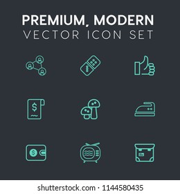 Modern, simple vector icon set on dark grey background with finance, good, up, sign, antenna, iron, pretty, cutout, success, people, video, domino, play, mobile, game, housework, technology, tv icons