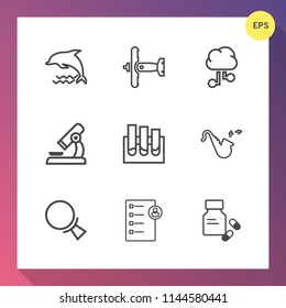 Modern, simple vector icon set on gradient background with trumpet, fly, analysis, wildlife, search, internet, checklist, network, military, laboratory, aviation, dolphin, human, find, transport icons