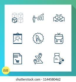 Modern, simple vector icon set on gradient background with blank, object, package, vitamin, leather, elegance, medicine, style, adult, supermarket, progress, development, frame, party, route icons