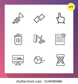 Modern, simple vector icon set on gradient background with hour, hairdresser, musical, instrument, shipment, professional, security, orchestra, button, clock, fashion, link, document, delivery icons