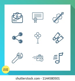 Modern, simple vector icon set on gradient background with late, spy, elegant, tune, search, envelope, letter, wrench, air, equipment, success, glasses, sound, ventilator, business, social, tool icons