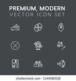 Modern, simple vector icon set on dark grey background with delivery, success, concept, transportation, hygiene, construction, transport, home, travel, dont, flight, jetliner, pie, graphic, roof icons