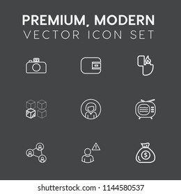 Modern, simple vector icon set on dark grey background with photography, purse, package, cardboard, tv, fire, alarm, film, photo, television, money, young, technology, face, wallet, object, girl icons