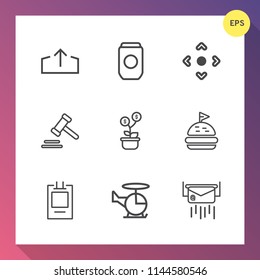 Modern, simple vector icon set on gradient background with food, arrow, investment, aluminum, business, air, computer, transportation, legal, law, button, download, courthouse, sign, envelope icons