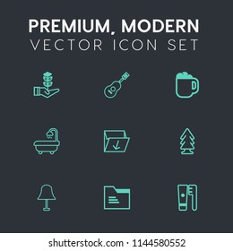 Modern, simple vector icon set on dark grey background with landscape, electricity, environment, nature, trash, garbage, drink, gardening, modern, health, white, orchestra, drum, cup, box, lamp icons