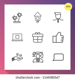 Modern, simple vector icon set on gradient background with talk, medal, speech, phone, bird, money, wooden, vintage, birdhouse, success, palm, hole, leaf, find, natural, house, holiday, tree icons