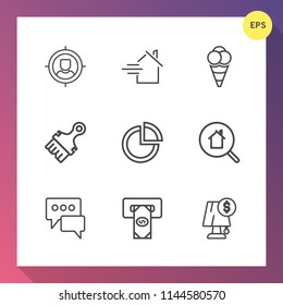 Modern, simple vector icon set on gradient background with sweet, search, real, bubble, light, pie, home, buy, ball, mortgage, customer, graph, finance, presentation, cream, concept, target, ice icons