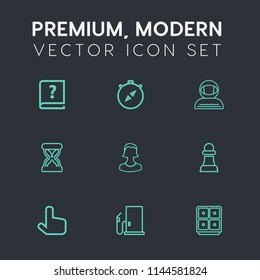 Modern, simple vector icon set on dark grey background with west, astronaut, old, graphic, timer, vintage, paper, pen, chessboard, gas, gasoline, time, author, book, clock, spacesuit, oil, horse icons