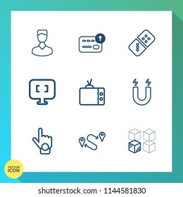 Modern, simple vector icon set on gradient background with technology, house, cardboard, cash, finger, profile, avatar, index, coin, tv, money, domino, pc, finance, play, currency, destination icons