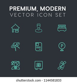 Modern, simple vector icon set on dark grey background with spaceship, id, double, old, avatar, building, estate, social, architecture, vintage, construction, phone, vehicle, oar, lock, safety icons