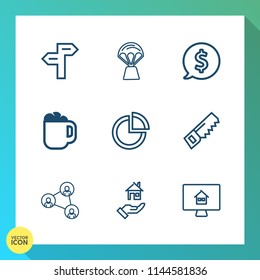 Modern, simple vector icon set on gradient background with home, choice, frame, technology, screen, display, cup, rent, travel, fun, pie, hot, hammer, transportation, arrow, real, way, estate icons